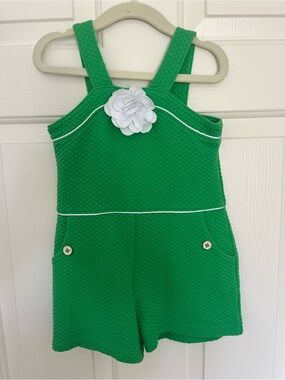 Janie and Jack Girls Green Quilted Romper White Flower Size 3